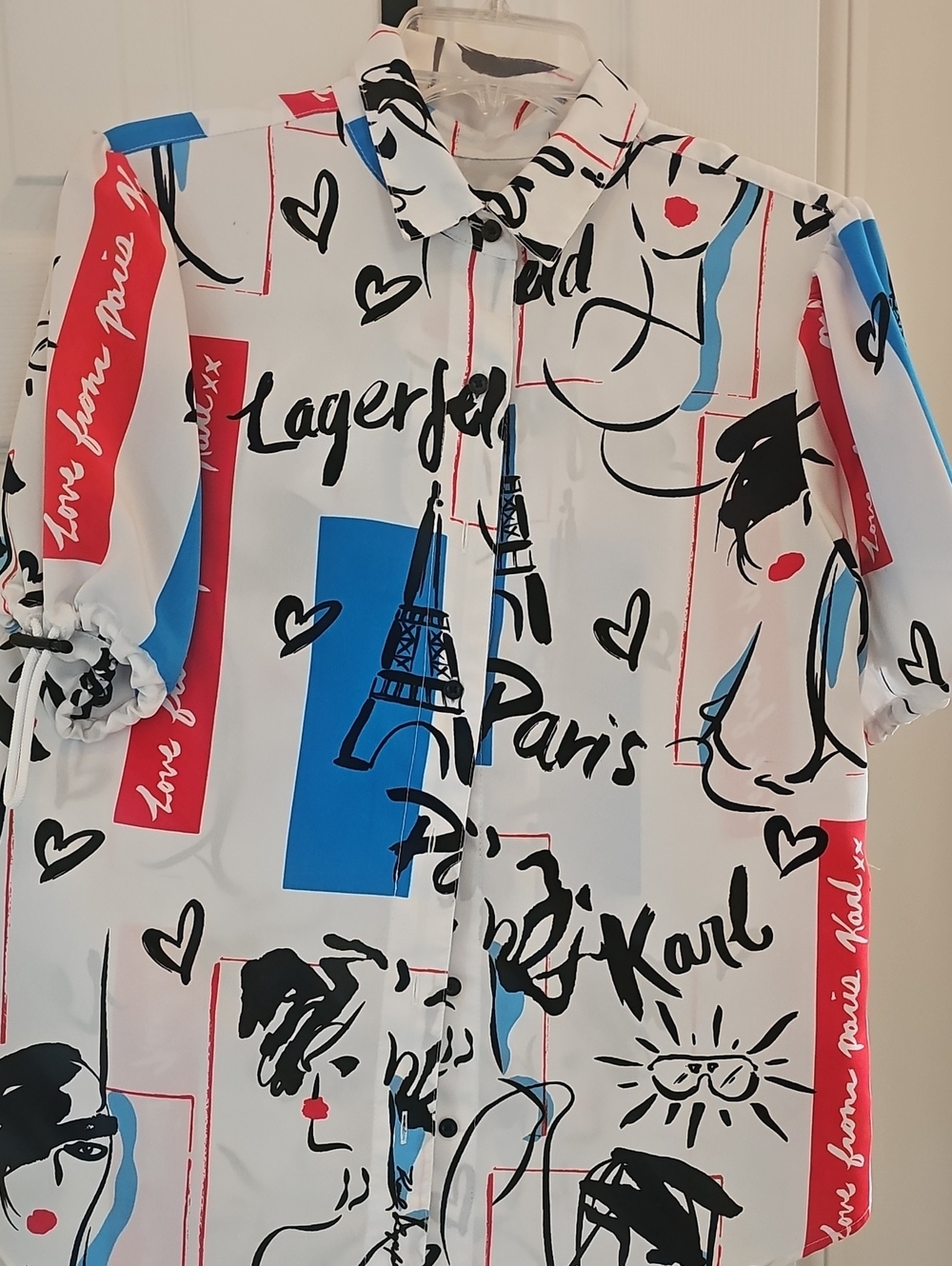 Karl Lagerfeld White Button-Up Shirt with Red, Blue & Black Paris Graphics